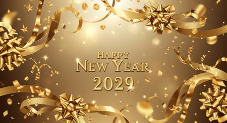 Illustration of happy new year 2029 golden ribbons and confetti for festive decorationの素材