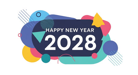 A dynamic and festive abstract illustration marking the arrival of Happy New Year 2028 with a playful mix of shapes and colors.の素材