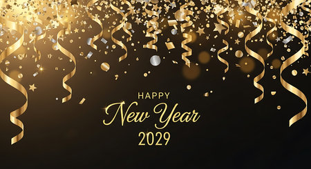 A festive and elegant background with shimmering golden confetti and swirling ribbons, perfect for New Year's Eve celebrations.の素材