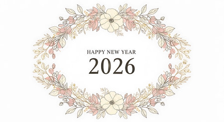 A circular arrangement of soft pastel flowers and leaves frames the text 'Happy New Year 2026' on a light background.の素材