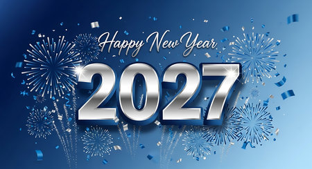 A festive blue background with the year 2027 in large silver numbers, surrounded by fireworks and confetti.の素材