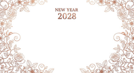 A decorative New Year 2028 greeting card featuring a delicate floral border and elegant text in the center.の素材