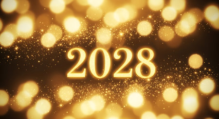 Illustration of golden happy new year 2028 with bokeh lights on a dark backgroundの素材