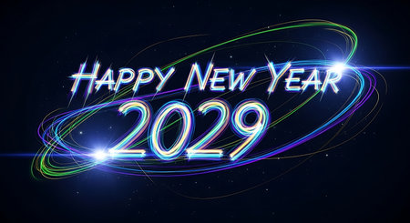 Illustration of happy new year 2029 design with glowing neon rings on dark backgroundの素材