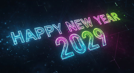Illustration of happy new year 2029 colorful neon text on dark digital backgroundの素材