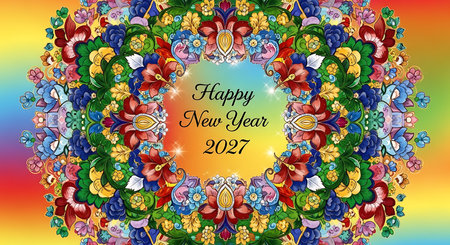 Illustration of colorful happy new year 2027 greeting card with floral mandala designの素材