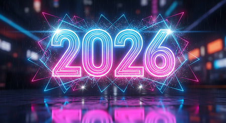 Illustration of futuristic glowing neon 2026 new year celebration in urban backgroundの素材