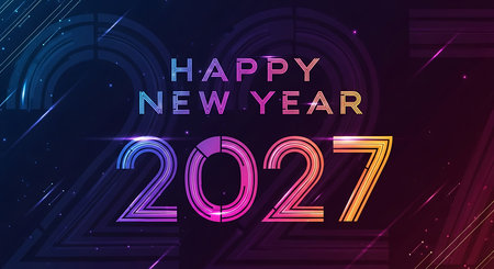 A dazzling display of neon lights forms the text Happy New Year 2027 against a dark, textured, futuristic backdrop.の素材