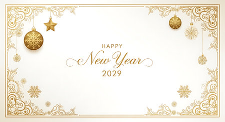 A festive and elegant New Year greeting card featuring golden ornaments, intricate borders, and celebratory text.の素材
