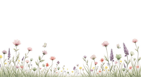 A soft watercolor painting depicts a meadow filled with delicate wildflowers in various pastel colors against a clean white background.の素材