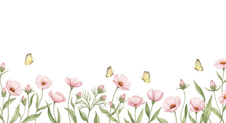 A charming watercolor border featuring a field of soft pink flowers and graceful butterflies against a clean white background.の素材
