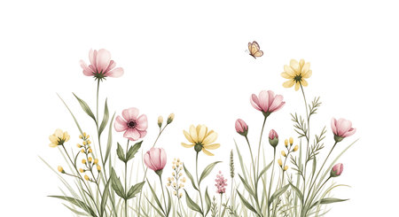 A whimsical watercolor painting of a field of delicate wildflowers in soft pinks and yellows, with a small butterfly fluttering above.の素材