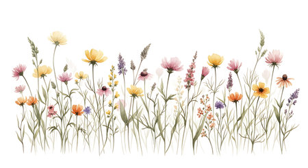 A charming watercolor illustration of a field brimming with diverse wildflowers and slender grasses, rendered in gentle, muted colors.の素材