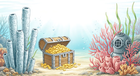 A vintage diving helmet and a treasure chest filled with gold coins rest on the sandy seabed amidst colorful coral and marine life.の素材