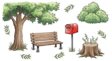 A charming watercolor illustration depicts a serene park setting with natural elements and a classic red mailbox.の素材