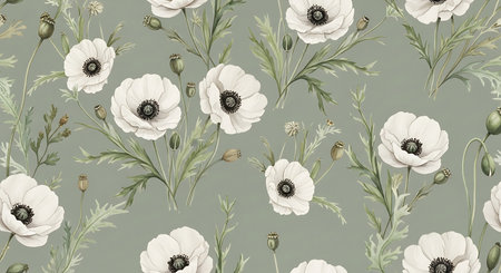 A repeating pattern of delicate white anemone flowers with dark centers on a muted green textured background.の素材