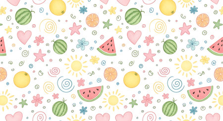 A vibrant and playful seamless pattern filled with colorful watermelon slices, fruits, and charming hand-drawn doodles on a white backdrop.の素材