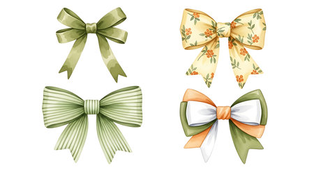 A collection of four beautifully rendered watercolor bows, each with unique colors and intricate patterns, perfect for embellishment.の素材