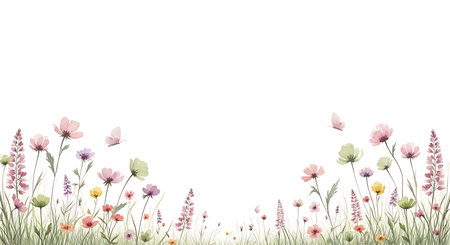 A charming watercolor painting depicts a lush meadow bursting with colorful wildflowers and fluttering butterflies on a bright white canvas.の素材