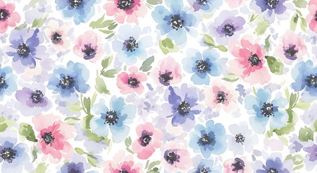 A seamless watercolor pattern of blooming flowers in pastel shades of pink, blue, and purple with subtle green leaves.の素材