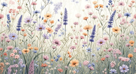 A dreamy, impressionistic scene of a sun-drenched wildflower meadow in soft, delicate watercolor washes.の素材