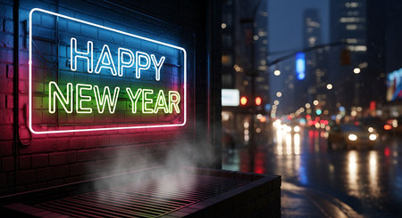 A glowing neon "Happy New Year" sign shines brightly on a wet city street, with blurred car lights in the background.の素材
