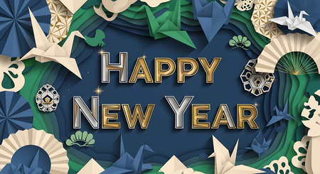 A vibrant New Year's celebration backdrop featuring glittering text and intricate origami elements in a rich blue and green palette.の素材