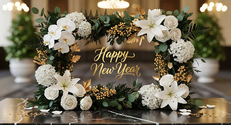 A beautiful New Year's Eve floral display featuring white flowers, greenery, and golden accents, perfect for celebrations.の素材