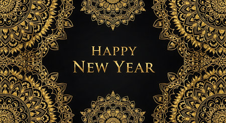 A luxurious black background adorned with intricate golden ornamental patterns and a central 'Happy New Year' text.の素材