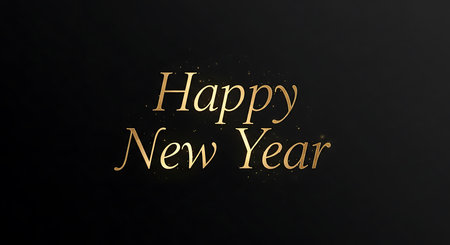 Luxurious gold lettering spells out Happy New Year on a deep black background, conveying a sense of festive elegance.の素材