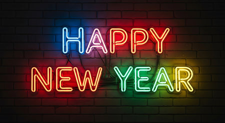 A colorful neon sign spells out "Happy New Year" in glowing letters against a dark brick background, creating a festive atmosphere.の素材