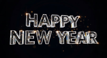 Shiny silver balloon letters spell out Happy New Year with a dark, starry background and subtle light flares.の素材