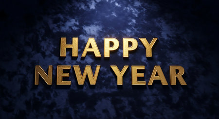 Bold golden lettering spelling "Happy New Year" is centered on a dark, textured background with hints of blue, creating a festive and elegant feel.の素材