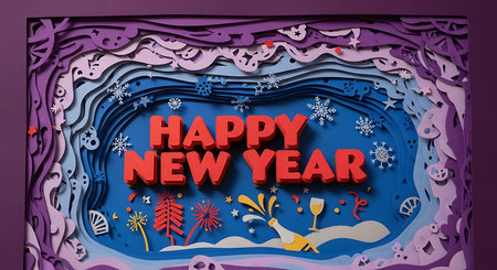 A layered paper art scene depicts a vibrant New Year celebration with champagne, fireworks, and festive decorations in a tunnel effect.の素材