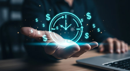 Hand holding glowing clock with dollar signs symbolizing financial time management and investment growth opportunitiesの素材