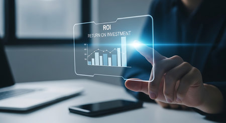 Person holding transparent futuristic screen displaying glowing financial stock market data charts and graphs with bright light flareの素材