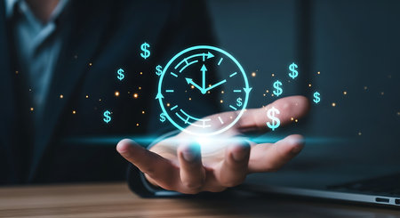 Hand holding glowing digital clock and dollar signs symbolizing time management and financial success in businessの素材