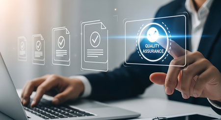 Quality control assurance guarantee business technology concept on screen. Businessman working with laptop computer.の素材