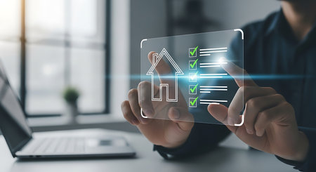 Person interacting with a futuristic holographic interface displaying a house and data for smart home technologyの素材