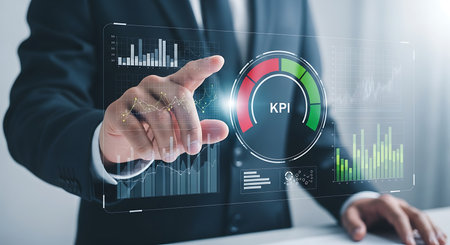 A businessman interacts with a digital interface, monitoring key performance indicators through interactive dashboards for strategic decision-making and enhanced performance insights.の素材