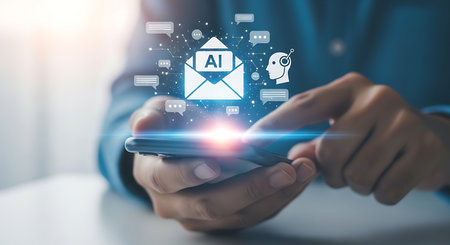 A man is using a smartphone with AI email and chatbot for customer service. He is typing on the screen and looking at the message. Future technology concept.の素材
