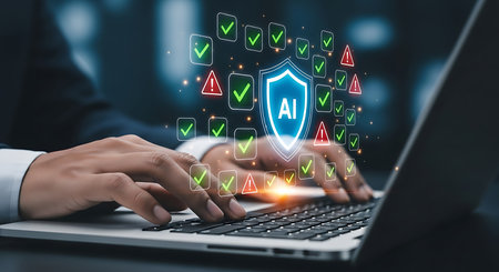 A businessman uses a laptop with an AI shield, symbolizing cybersecurity and data protection. This image emphasizes the role of technology in safeguarding information.の素材