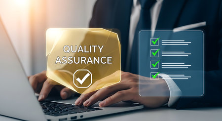 A businessman uses a laptop with a quality assurance icon, representing business processes. This image highlights the importance of maintaining high standards.の素材