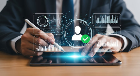 Businessman using tablet with digital profile, data and technology concept. Business and technology concept. Modern technology. Future concept.の素材