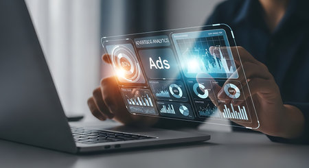 A businessman uses digital marketing ads on a smartphone with data analysis graph. Concept of advertising, promotion, campaign, and social media marketing. Business strategy.の素材