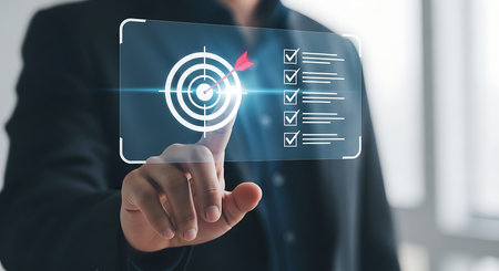 A businessman is using a virtual screen to set a business target and achieve a goal. He is selecting the right option and signing the contract online today.の素材