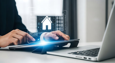 Online real estate and property investment concept. Businessman using tablet and laptop to search for a house to buy. Modern technology makes it easy to find.の素材