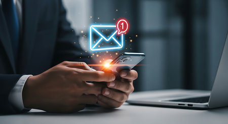 Businessman using a smartphone with an email icon and laptop for communication. Concept of business, technology, internet, online communication, and digital marketing.の素材