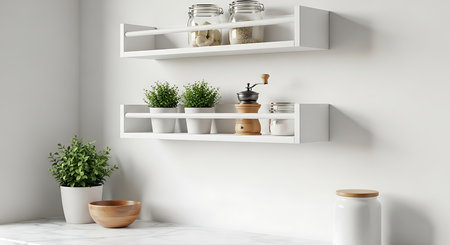 A kitchen interior featuring white shelves, plants, and utensils on the wall, creating a clean and modern space for cooking and food preparation activities.の素材