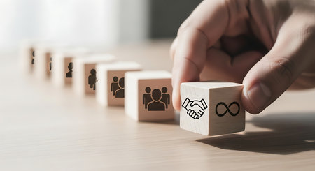 Wooden blocks symbolizing partnership, teamwork, and collaboration. Represents business agreement, community, and strategic connections for success and growth.の素材